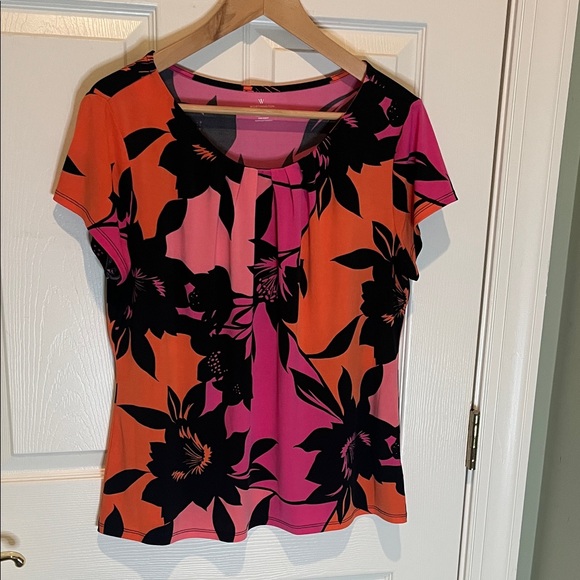 Worthington Vibrant Pink and Orange Floral Short Sleeve Top - Picture 1 of 3